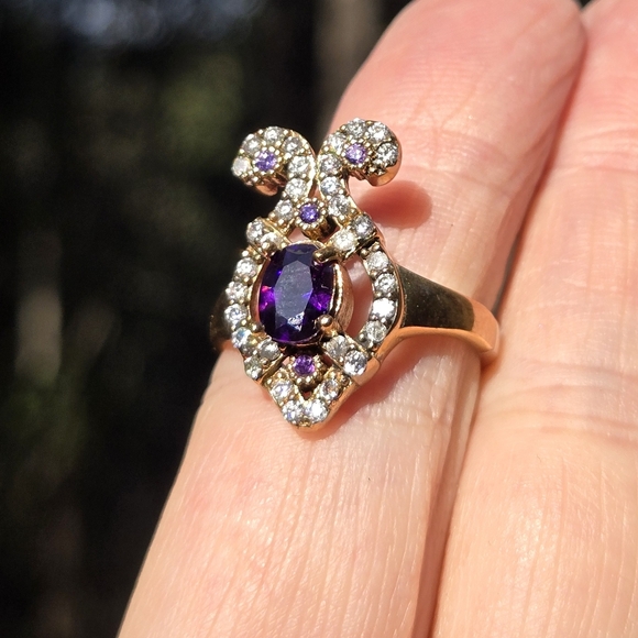 Amethyst 4k & Topaz Elegant Fleur-de-lis style Sterling & Gold ring sz 7.75 - Picture 3 of 11